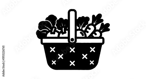 Vector illustration of vector icon of a basket filled with fresh vegetables and greens