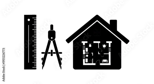 Vector illustration of architectural tools and house floor plan icon