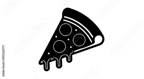 Vector illustration of black and white icon of a pizza slice with melting cheese