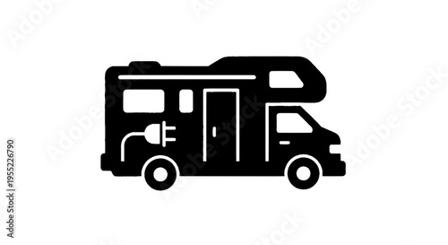 Vector illustration of black silhouette icon of a motorhome with an electric plug symbol