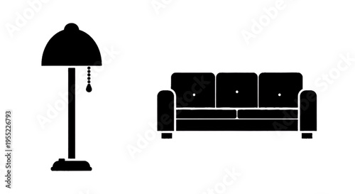 Vector illustration of black silhouette icons of a floor lamp and a sofa