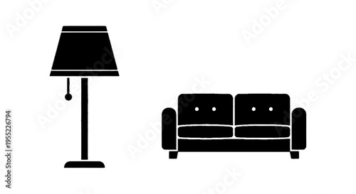 Vector illustration of floor lamp and sofa silhouette icons
