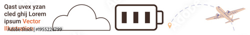 Travel, transportation, energy efficiency, aviation, journey planning, sustainability. Minimalistic design with a cloud, battery icon and airplane on a dotted path. Travel and energy efficiency