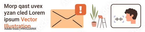Online communication, notifications, smart technology, email management, workspace optimization, digital tools. Envelope with alert, chair with plant, face with voice recognition graphic