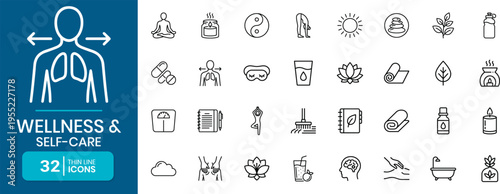 Wellness And Self Care Thin Line Icon Set