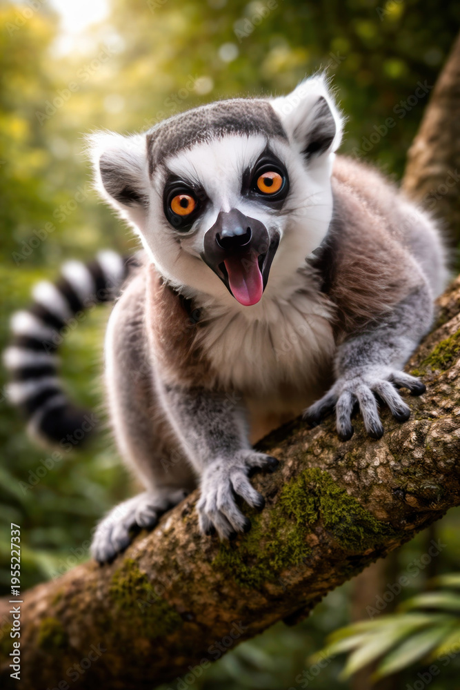 Naklejka premium Funny ring-tailed lemur on tree branch, expressive wildlife close-up portrait