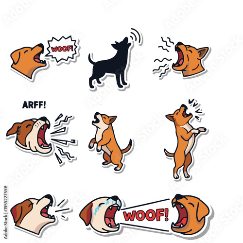 Dog Barking and Howling Cartoon Sticker Illustrations with Various Emotions and Sound Effects