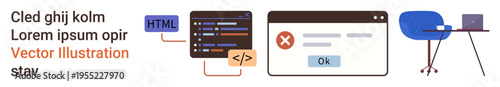 Programming, web development, error handling, technology, coding processes, remote work. Code snippets, error alert popup and desk workspace setup. Programming and web development