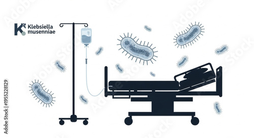 Klebsiella pneumoniae infection spreading around hospital bed and medical equipment illustration