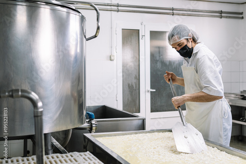 Professional worker stirring curd in cheese making factory