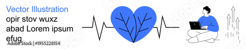 Healthcare, telemedicine, digital connection, remote work, cardiology, wellness. Blue heart with ECG line and person using a laptop. Healthcare and telemedicine conceptual