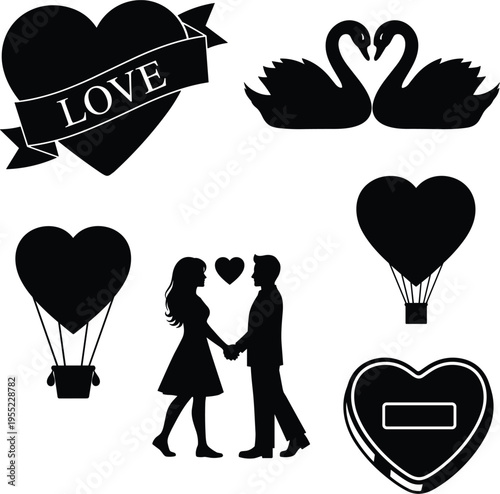 Set of Romantic Symbols Including Love Heart, Swan Couple, Hot Air Balloon, and Couple Holding Hands on White Background
