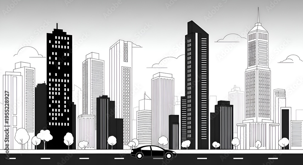 Obraz premium Modern Cityscape Silhouette with Car on Road