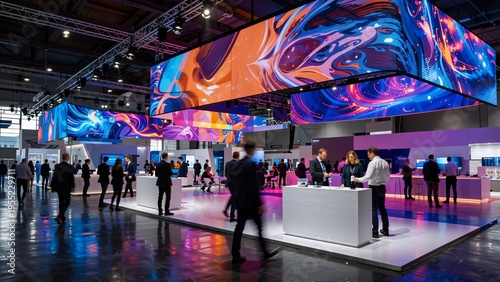 Futuristic trade show exhibition with LED screens digital art display modern technology business event space
