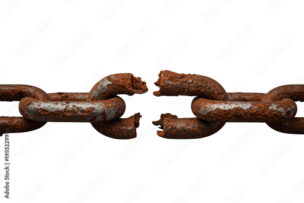 Fototapeta premium Rusty broken chain depicting concepts of breaking free, liberation, ending addiction, and overcoming problems, transparent background