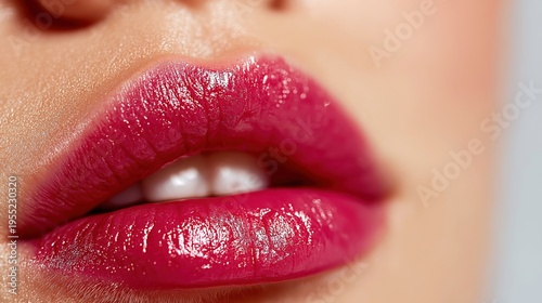 Close up of glossy red lips with smooth skin texture beauty makeup and skincare concept