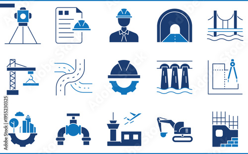 A set of icons related to Civil Engineering. Engineer, Civil, construct, bridge, dam, blueprint, mapping, and so on.