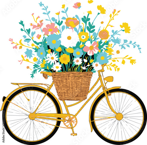Colorful bold line art of a bicycle carrying a basket full of flowers, minimal vector illustration, thick outline style, cheerful colors, simple composition, white background 3