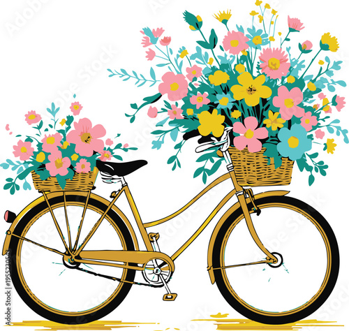 Colorful bold line art of a bicycle carrying a basket full of flowers, minimal vector illustration, thick outline style, cheerful colors, simple composition, white background