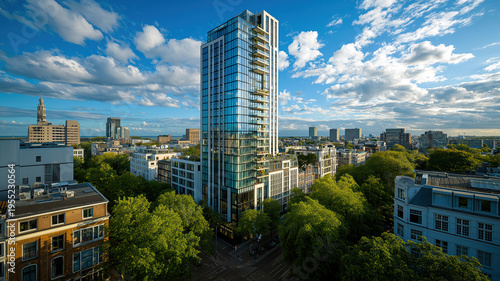 Modern glass skyscraper rising above green urban cityscape under blue sky architectural business district concept