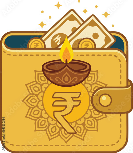Digital illustration of a golden wallet with Indian currency, a diya lamp, and a rupee symbol on a white background, conveying a festive and prosperous mood.