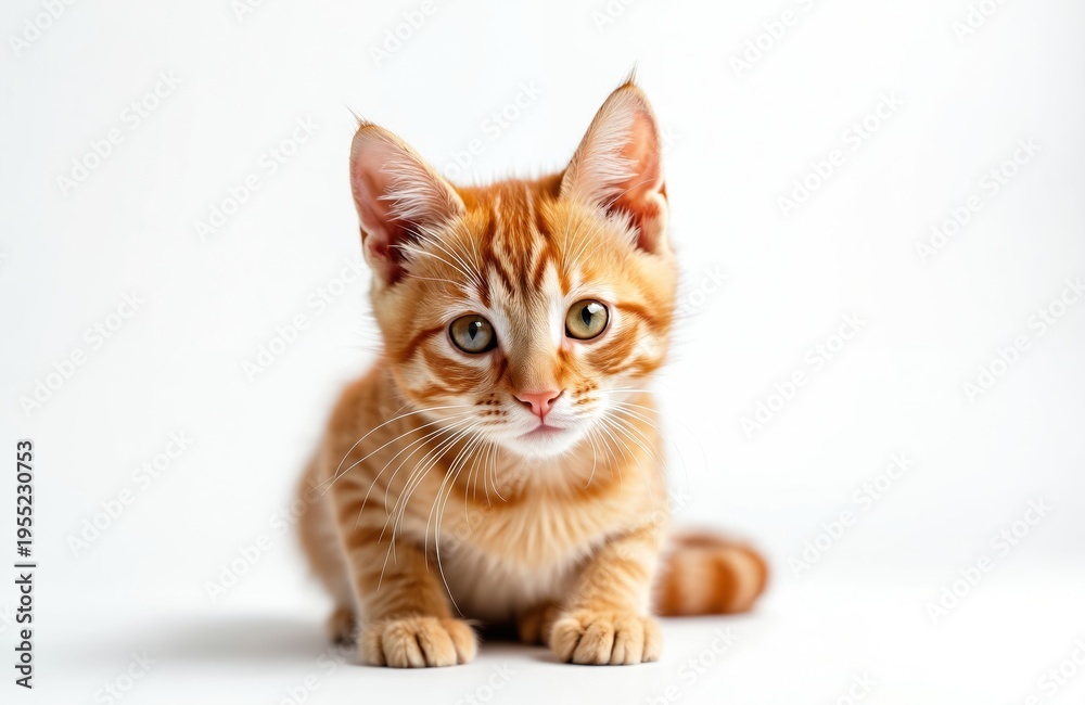 Obraz premium Small ginger kitten sits looking forward. Adorable orange tabby cat with green eyes and soft fur poses for a studio portrait. Young domestic animal is very cute.