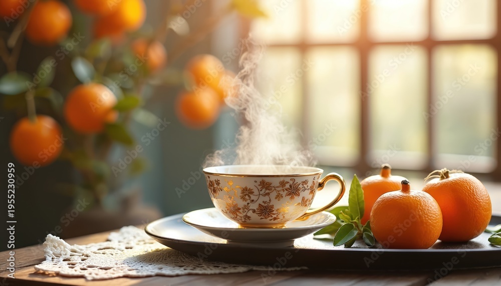 Fototapeta premium Steaming ornate cup with gold pattern sits near mandarins on table. Orange tree branch with fruit grows by window. Cozy morning tea in rustic room.