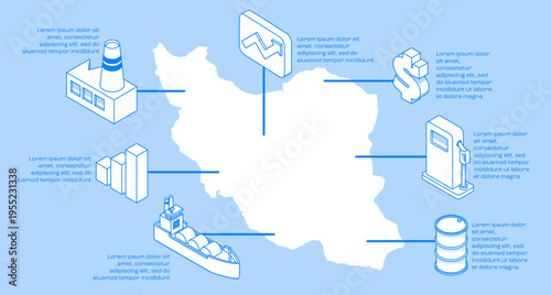 Iran oil industry map with isometric energy infrastructure icons illustrating petroleum production, tanker transport, refinery activity and global energy economyWeb