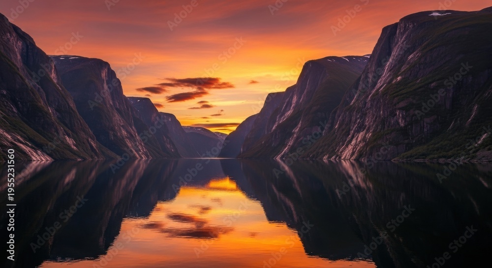 Fototapeta premium Majestic Fjord Landscape with Steep Mountains Plunging into Calm Waters at Sunset