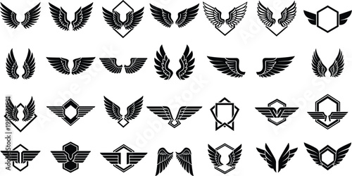 Wing icon collection, decorative emblem vector artwork set, geometric shield design graphic, ornamental symbol illustration, flat vector illustration