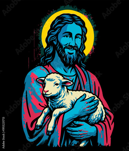 Jesus Christ holding a lamb, symbolizing love and salvation in a colorful vector graphic illustration