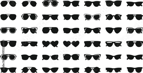 Sunglasses silhouette icon, eyewear fashion, aviator frame, round glasses, cat eye, heart shape, rectangular design, black vector, flat illustration