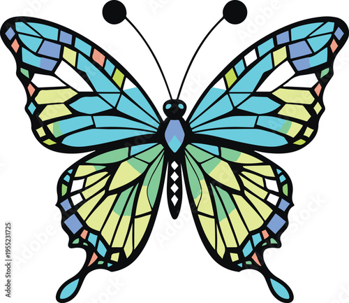 Decorative butterfly sticker icon with symmetrical mosaic-style wing segments, playful cartoon insect design, bold outline, minimal shading, modern flat vector illustration isolated on white 1