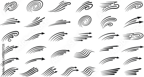 Wind motion effect icon collection, dynamic speed vector artwork set, swirling airflow design graphic, movement illustration symbol, flat vector illustration