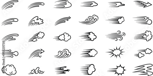 Wind motion effect icon collection, dynamic speed vector artwork set, swirling force design graphic, movement illustration symbol, flat vector illustration