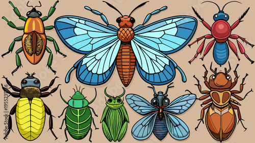 Colorful insect and bug vector collection isolated on black.