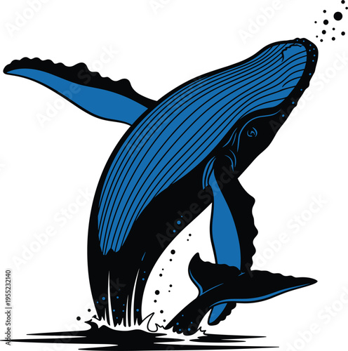 Vector Illustration of a Blue Whale Breaching the Water for Marine, Wildlife, and Ocean Design Projects