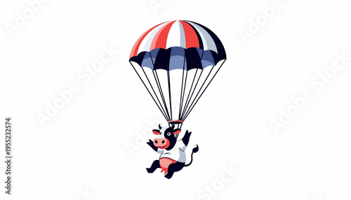 Humorous illustration of a happy cow descending from the sky with a red, white, and blue parachute, conveying a sense of surprise and adventure