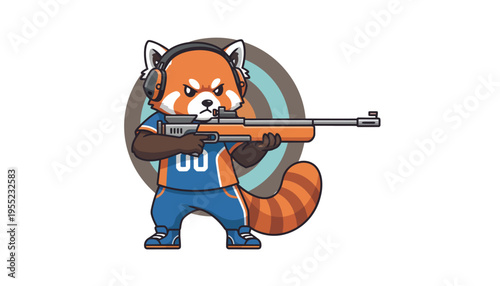 An adorable animated red panda athlete in a sports uniform and headphones, confidently aiming a rifle at a target, showcasing dedication and skill in competitive shooting