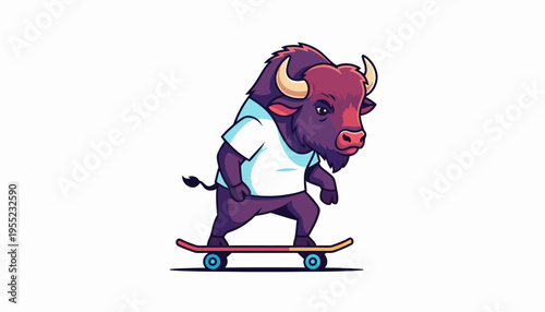 Cool purple buffalo on a skateboard wearing a white t-shirt, enjoying a ride