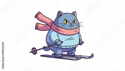 Determined cartoon cat, bundled in a warm sweater and pink scarf, skillfully skis down snowy slopes with a humorous and focused expression, ready for winter