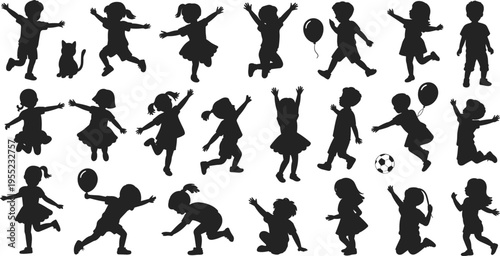 Children silhouettes running, jumping, dancing, playing soccer, holding balloons, skipping rope, cat included, joyful childhood activity vector illustration isolated black