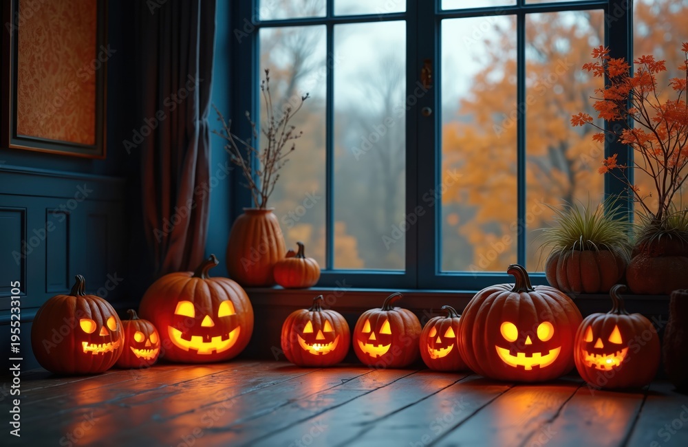 Fototapeta premium Row of carved glowing pumpkins sit near window with autumn foliage view. Festive Halloween decor on wooden floor inside dark room. Seasonal orange gourds light up interior.