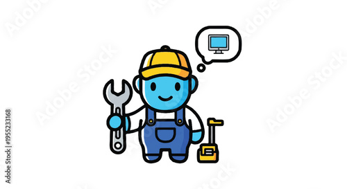 Cartoon technician holding wrench and thinking of computer repair