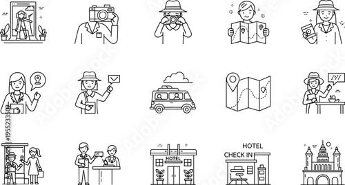 Tourist and Travel Service Icon Set Featuring Tour Guides, Maps, Hotels, Check-Ins, Photography, and Exploration for Vacation and Tourism Designs