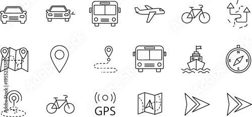 Multi-Mode Transportation and Navigation Icon Set Featuring Cars, Buses, Airplanes, Bikes, Maps, GPS, and Directional Arrows for Travel and Commuting Designs