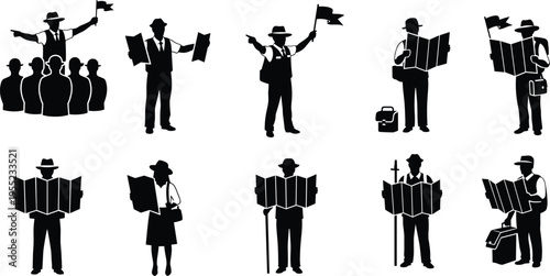 Tour Guide Icon Set Featuring Guides with Maps, Flags, and Tourist Groups for Travel, Exploration, and Vacation Designs