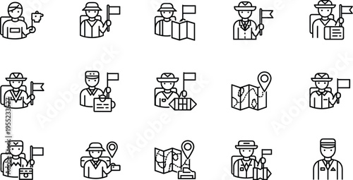 Tour Guide Icon Set Featuring Guides with Flags, Maps, and Tourist Assistance for Travel, Sightseeing, and Exploration Designs