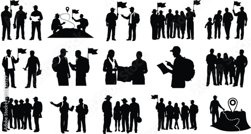 Tour Group and Guide Icon Set Featuring Tourists, Flags, Maps, and Tour Guides for Travel and Exploration Designs