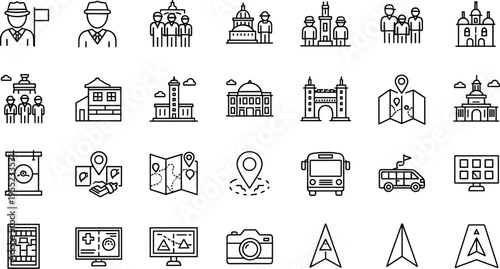 Tourism and Exploration Icon Set Featuring Tour Guides, Landmarks, Maps, Buses, and Navigation for Travel and Vacation Designs